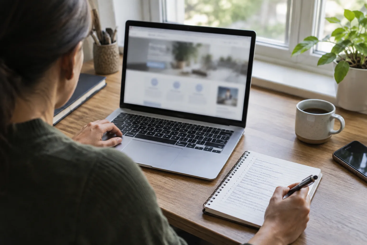 Une entrepreneuse examine une page de service et des notes sur les recherches de ses clients.