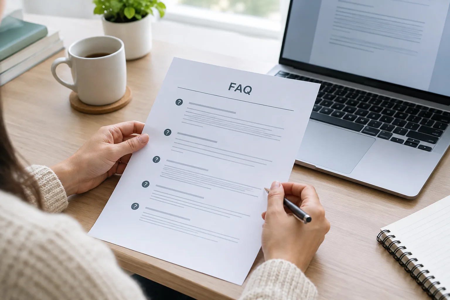 Mains consultant une page de questions fréquentes à côté d’un ordinateur portable.