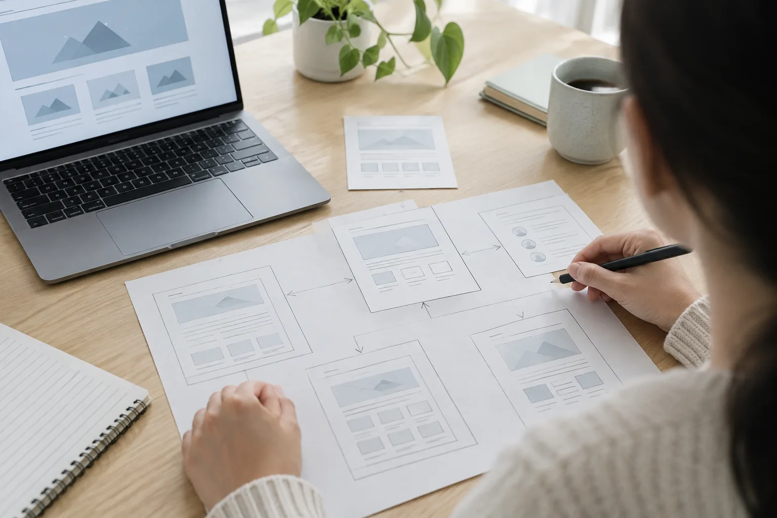 Ordinateur et schémas de pages reliées sur un bureau de travail.