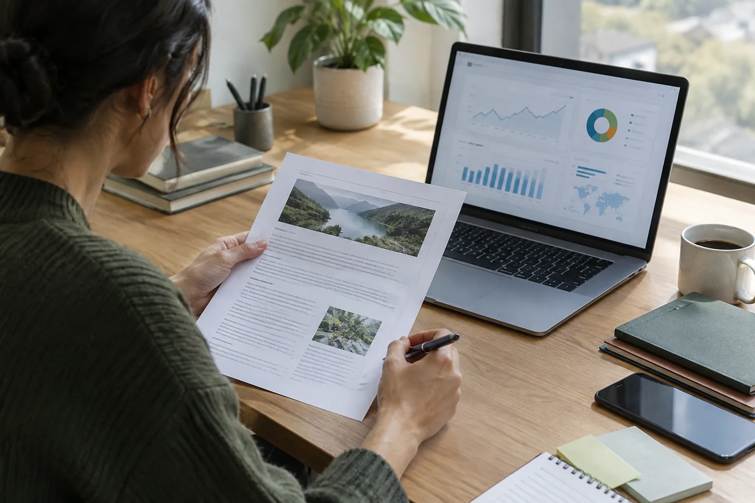 Une personne relit un article imprimé à côté d’un ordinateur affichant un tableau de données.